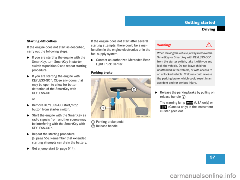 MERCEDES-BENZ R350 2007 R171 Owners Manual 57 Getting started
Driving
Starting difficulties
If the engine does not start as described, 
carry out the following steps:
If you are starting the engine with the 
SmartKey, turn SmartKey in starter