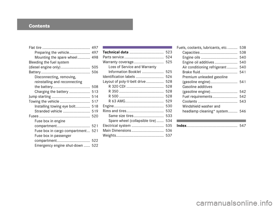 MERCEDES-BENZ R320CDI 2007 R171 Owners Manual Contents
Flat tire ..............................................  497
Preparing the vehicle....................  497
Mounting the spare wheel ............  498
Bleeding the fuel system 
(diesel engin