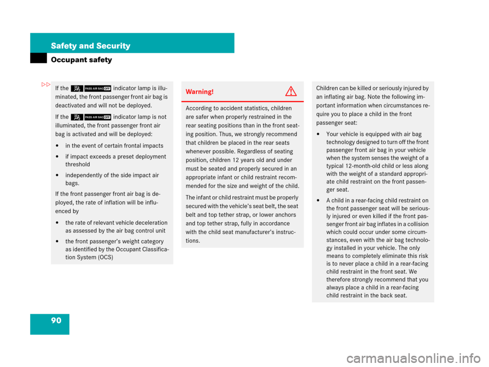 MERCEDES-BENZ R350 2007 R171 Owners Manual 90 Safety and Security
Occupant safety
If the 59indicator lamp is illu-
minated, the front passenger front air bag is 
deactivated and will not be deployed.
If the 59indicator lamp is not 
illuminated
