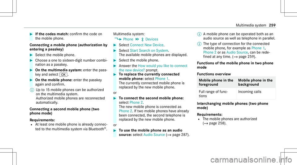 MERCEDES-BENZ C-CLASS SEDAN 2021  Owners Manual #
Ifth ecodes match: con firm thecode on
th emobile phone.
Connecting amobile phone(authorizat ion by
ent ering apa ssk ey) #
Select themobile phone. #
Choose aone tosixt een-digit numbercombi‐
nati