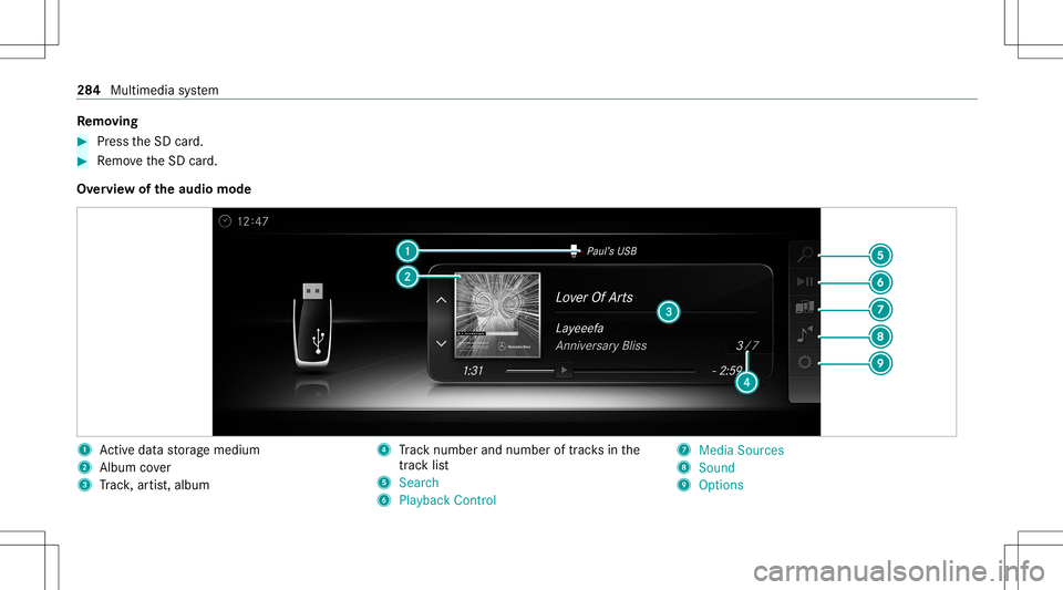 MERCEDES-BENZ C-CLASS SEDAN 2021  Owners Manual Re
mo ving #
Pres sth eSD card. #
Remo vetheSD card.
Ov ervie wof theaud iomod e 1
Activeda ta stor ag emedium
2 Album cover
3 Trac k, artis t,album 4
Trac knum berand num beroftrac ks inthe
tr ac kli