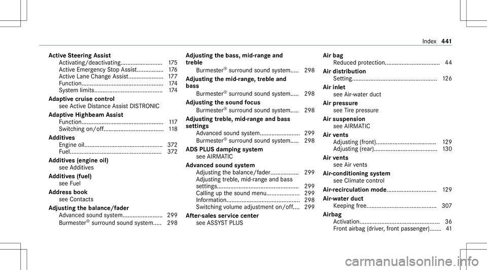 MERCEDES-BENZ C-CLASS SEDAN 2021  Owners Manual Ac
tiv eSte ering Assis t
Ac tivati ng/d eactiv ating........... ..............175
Ac tiveEmerg encyStop Assis t................ 176
Ac tiveLa ne Chang eAssi st<001100110011001100110011001100110011001