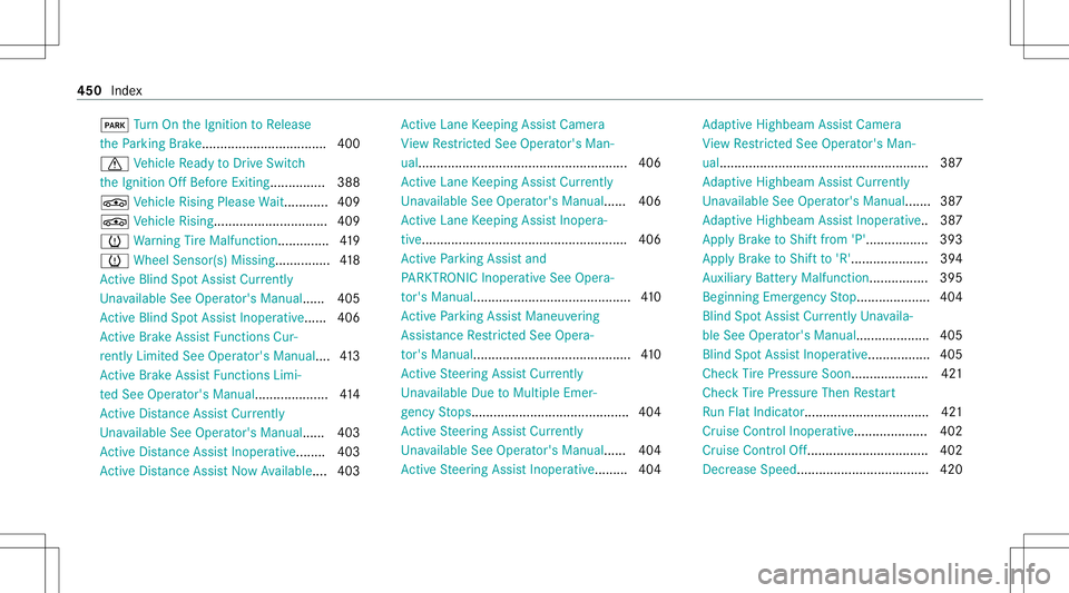 MERCEDES-BENZ C-CLASS SEDAN 2021 Service Manual 0049
Turn On theIgnit iontoRelease
th ePa rking Brak e..................................4 00
0072 Vehicle Ready toDrive Swi tch
th eIgnit ionOffBef oreEx iting ............... 388
00CC Vehicle Rising MERCEDES-BENZ C-CLASS SEDAN 2021 Service Manual 0049
Turn On theIgnit iontoRelease
th ePa rking Brak e..................................4 00
0072 Vehicle Ready toDrive Swi tch
th eIgnit ionOffBef oreEx iting ............... 388
00CC Vehicle Rising