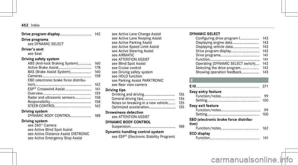MERCEDES-BENZ C-CLASS SEDAN 2021 Manual PDF Dr
ive pr og ram dis pla y........... .................... 142
Dr ive pr og rams
se eDY NA MIC SELE CT
Dr iver's seat
see Seat
Dr iving safetysy stem
AB S(An ti-loc kBr akin gSy stem) ............ MERCEDES-BENZ C-CLASS SEDAN 2021 Manual PDF Dr
ive pr og ram dis pla y........... .................... 142
Dr ive pr og rams
se eDY NA MIC SELE CT
Dr iver's seat
see Seat
Dr iving safetysy stem
AB S(An ti-loc kBr akin gSy stem) ............