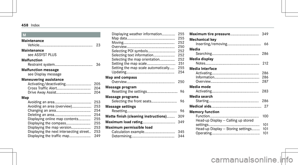 MERCEDES-BENZ C-CLASS SEDAN 2021 Manual PDF M
Maint enanc e
Ve hicle. ................................................... 23
Maint enance
see ASSYSTPL US
Malfunct ion
Re stra int system.. ................................... 36
Malfu nction mess MERCEDES-BENZ C-CLASS SEDAN 2021 Manual PDF M
Maint enanc e
Ve hicle. ................................................... 23
Maint enance
see ASSYSTPL US
Malfunct ion
Re stra int system.. ................................... 36
Malfu nction mess