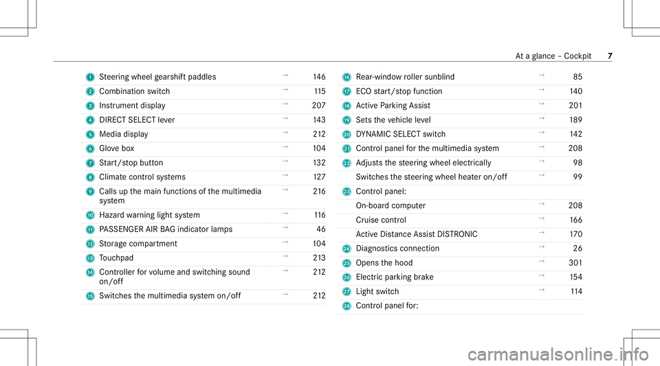 MERCEDES-BENZ C-CLASS SEDAN 2021  Owners Manual 1
Steer ing wheel gearshif tpaddles →
146
2 Comb inationswit ch →
115
3 Instrument display →
207
4 DIRECT SELECT leve r →
143
5 Media display →
212
6 Glovebox →
104
7 Start/ stop butt on �
