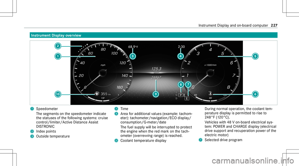 MERCEDES-BENZ E-CLASS SEDAN 2021 Owners Manual Ins
trum ent Disp layove rview 1
Speedo meter
The segment son thespeedome terindica te
th est atus esofthefo llo wing systems: cruise
con trol/limit er/Active Dis tance Assist
DIS TRONI C
2 Inde xpo i MERCEDES-BENZ E-CLASS SEDAN 2021 Owners Manual Ins
trum ent Disp layove rview 1
Speedo meter
The segment son thespeedome terindica te
th est atus esofthefo llo wing systems: cruise
con trol/limit er/Active Dis tance Assist
DIS TRONI C
2 Inde xpo i
