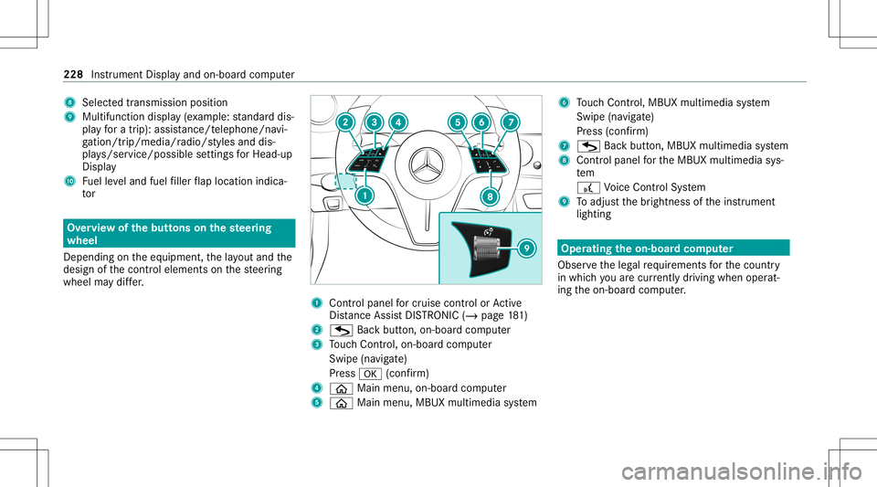 MERCEDES-BENZ E-CLASS SEDAN 2021 Owners Manual 8
Selectedtransm ission pos ition
9 Multifuncti ondispl ay(exa mp le:standar ddis‐
pla yfo ra trip) :assi stanc e/teleph one/n avi‐
ga tio n/tr ip/me dia/r adio/s tylesand dis‐
pl ay s/ser vice/ MERCEDES-BENZ E-CLASS SEDAN 2021 Owners Manual 8
Selectedtransm ission pos ition
9 Multifuncti ondispl ay(exa mp le:standar ddis‐
pla yfo ra trip) :assi stanc e/teleph one/n avi‐
ga tio n/tr ip/me dia/r adio/s tylesand dis‐
pl ay s/ser vice/