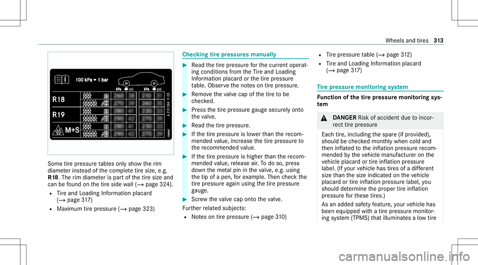 MERCEDES-BENZ E-CLASS SEDAN 2021 Owners Manual Some
tirepr ess ureta bles onlysho wtherim
diame terins tead ofthecom pletetiresize, e.g.
R1 8.The rim dia me teris par tof thetir esize and
can befound onthetir eside wall(/ page32 4).
R Tire and Loa MERCEDES-BENZ E-CLASS SEDAN 2021 Owners Manual Some
tirepr ess ureta bles onlysho wtherim
diame terins tead ofthecom pletetiresize, e.g.
R1 8.The rim dia me teris par tof thetir esize and
can befound onthetir eside wall(/ page32 4).
R Tire and Loa