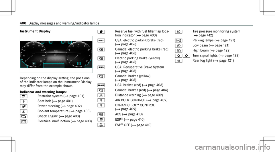 MERCEDES-BENZ E-CLASS SEDAN 2021 Owners Manual Ins
trum ent Disp lay De
pen dingon thedispla yse tting, theposition s
of theindicat orlam pson theIns trument Display
ma ydif ferfr om theex am ple shown.
Indi catorand warning lam ps:
0075 Re
stra i MERCEDES-BENZ E-CLASS SEDAN 2021 Owners Manual Ins
trum ent Disp lay De
pen dingon thedispla yse tting, theposition s
of theindicat orlam pson theIns trument Display
ma ydif ferfr om theex am ple shown.
Indi catorand warning lam ps:
0075 Re
stra i