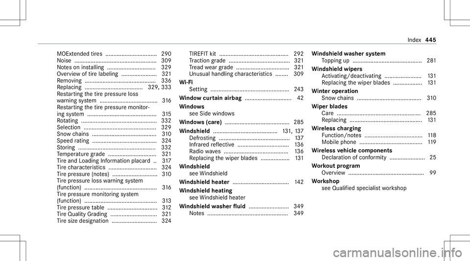 MERCEDES-BENZ E-CLASS SEDAN 2021  Owners Manual MOExt
ended tires ................................ 290
No ise ...................................................3 09
No teson installing .............................. 329
Ov ervie wof tirelabeling .