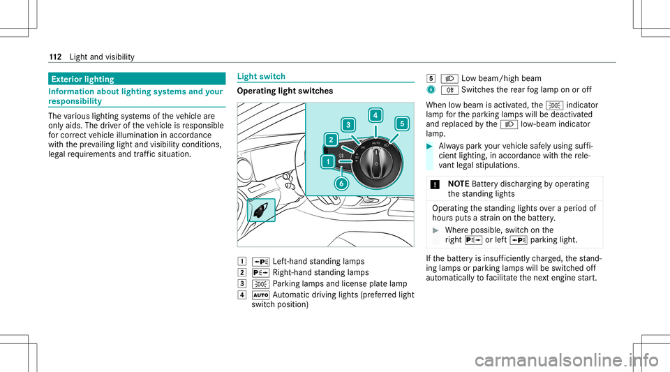 MERCEDES-BENZ C-CLASS COUPE 2021  Owners Manual Ext
erior light ing Inf
orma tion abou tlight ingsystems andyour
re sponsibility The
various lighting systems oftheve hicle are
onl yaids. Thedriver oftheve hicle isresponsible
fo rcor rect vehicle il