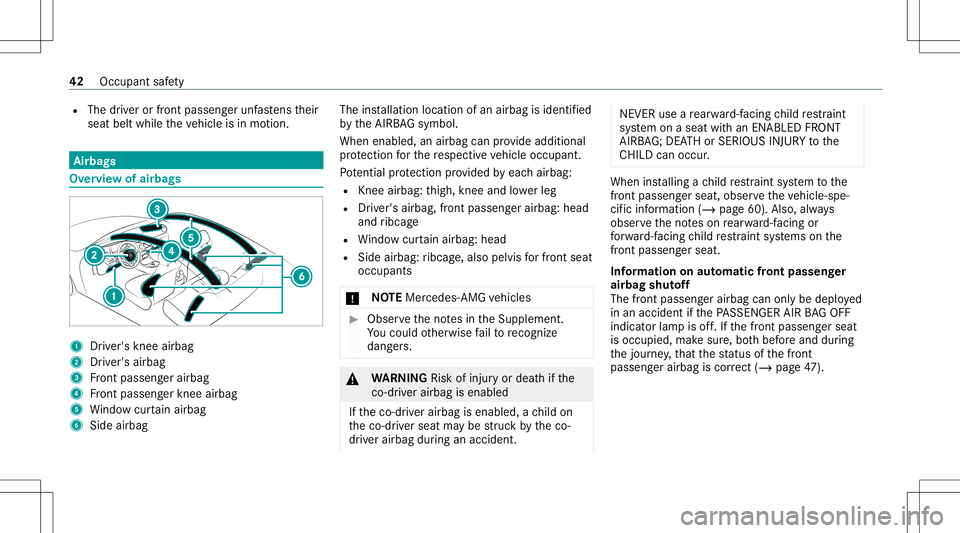 MERCEDES-BENZ C-CLASS COUPE 2021  Owners Manual R
The driver or front passeng erunf astens their
seat beltwhile theve hicle isin mo tion. Airbags
Ov
ervie wof airbags 1
Driver's knee airbag
2 Driver's airbag
3 Front passeng erairbag
4 Front