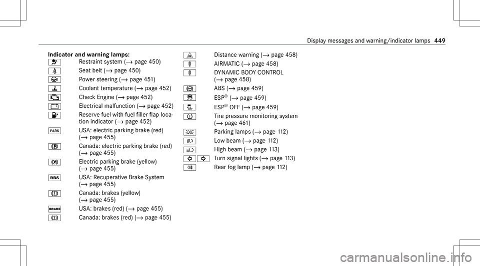 MERCEDES-BENZ C-CLASS COUPE 2021  Owners Manual Indi
catorand warning lam ps:
0075 Re
stra int system (/ page450)
00E9 Seat
belt(/page450)
Ù Powe rst eer ing (/ page45 1)
ÿ Coolanttemp eratur e(/ page452)
00B9 Chec
kEn gine (/page452)
003D Elect
