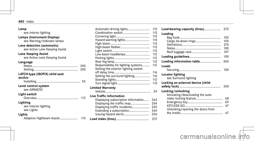 MERCEDES-BENZ C-CLASS COUPE 2021 Owners Manual Lam
p
see Inte rior lighting
Lam ps(Ins trument Display)
see Warning/ indic ator lam ps
Lane detection (automatic )
se eAc tiveLa ne Keeping Assist
Lane Keeping Assist
see ActiveLa ne Keeping Assist
L MERCEDES-BENZ C-CLASS COUPE 2021 Owners Manual Lam
p
see Inte rior lighting
Lam ps(Ins trument Display)
see Warning/ indic ator lam ps
Lane detection (automatic )
se eAc tiveLa ne Keeping Assist
Lane Keeping Assist
see ActiveLa ne Keeping Assist
L
