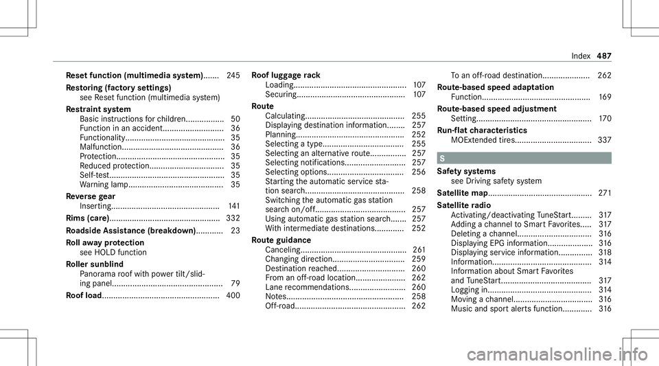 MERCEDES-BENZ C-CLASS COUPE 2021  Owners Manual Re
setfunction (multimedia system). ...... 245
Re stor ing (fact oryse ttings)
see Resetfunction (multimedia system)
Re stra int system
Basic instruct ions forch ildr en.................5 0
Fu nctio n