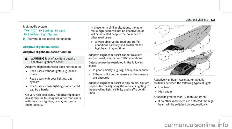 MERCEDES-BENZ E-CLASS COUPE 2021 Owners Manual Multimedia
system:
4 © 5
Set ting s5
Light
5 Intelligent LightSystem #
Activateor deacti vate thefunc tion. Ad
aptiv eHighb eamAssist Ad
aptiv eHighb eamAssistfuncti on &
WARNIN GRisk ofacci dent des MERCEDES-BENZ E-CLASS COUPE 2021 Owners Manual Multimedia
system:
4 © 5
Set ting s5
Light
5 Intelligent LightSystem #
Activateor deacti vate thefunc tion. Ad
aptiv eHighb eamAssist Ad
aptiv eHighb eamAssistfuncti on &
WARNIN GRisk ofacci dent des