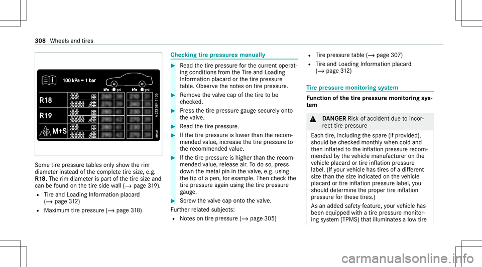 MERCEDES-BENZ E-CLASS COUPE 2021  Owners Manual Some
tirepr ess ureta bles onlysho wtherim
diame terins tead ofthecom pletetiresize, e.g.
R1 8.The rim dia me teris par tof thetir esize and
can befound onthetir eside wall(/ page31 9).
R Tire and Loa