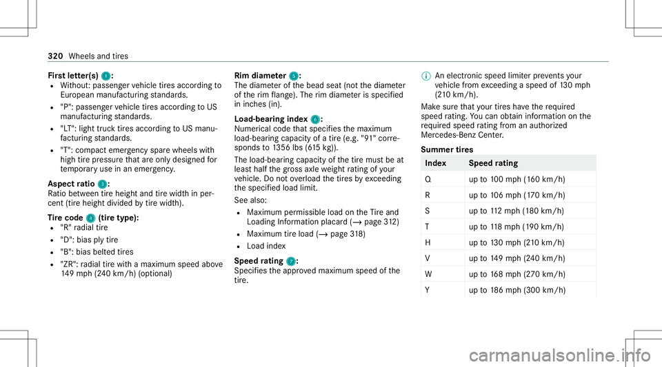 MERCEDES-BENZ E-CLASS COUPE 2021 Owners Manual Fi
rs tle tter( s)1 1:
R Without :passeng ervehicle tires accor dingto
Eur opeanma nuf actu ring standar ds.
R "P": passe nger vehicle tires accor dingtoUS
manuf acturingstandar ds.
R "LT& MERCEDES-BENZ E-CLASS COUPE 2021 Owners Manual Fi
rs tle tter( s)1 1:
R Without :passeng ervehicle tires accor dingto
Eur opeanma nuf actu ring standar ds.
R "P": passe nger vehicle tires accor dingtoUS
manuf acturingstandar ds.
R "LT&