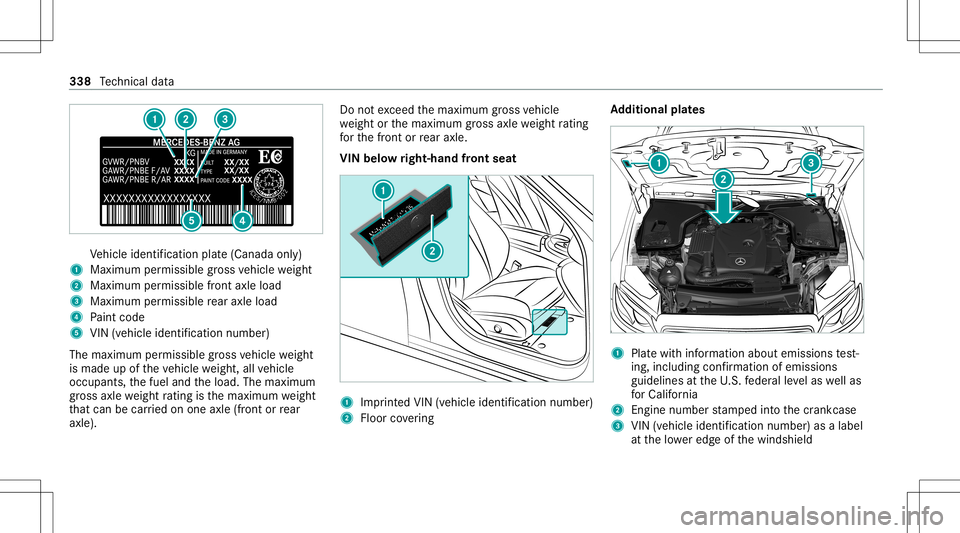 MERCEDES-BENZ E-CLASS COUPE 2021 Owners Manual Ve
hicle identif ication plate(Canada only)
1 Maximum permissible gross vehicle weight
2 Maxim umpermissib lefront axle load
3 Maxim umpermissib lerear axle load
4 Paint code
5 VIN (vehicle identifica MERCEDES-BENZ E-CLASS COUPE 2021 Owners Manual Ve
hicle identif ication plate(Canada only)
1 Maximum permissible gross vehicle weight
2 Maxim umpermissib lefront axle load
3 Maxim umpermissib lerear axle load
4 Paint code
5 VIN (vehicle identifica