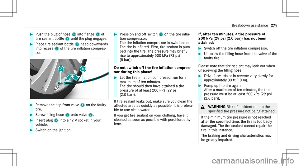 MERCEDES-BENZ GT COUPE 2021 AMG Owners Manual #
Push theplug ofhose 5intoflang e6 of
tir esealan tbo ttle 1 untilth eplug engages. #
Place tiresealant bottle 1 head down wards
int ore cess 2ofthetir einf lation compres‐
sor . #
Remo vethecap fr MERCEDES-BENZ GT COUPE 2021 AMG Owners Manual #
Push theplug ofhose 5intoflang e6 of
tir esealan tbo ttle 1 untilth eplug engages. #
Place tiresealant bottle 1 head down wards
int ore cess 2ofthetir einf lation compres‐
sor . #
Remo vethecap fr