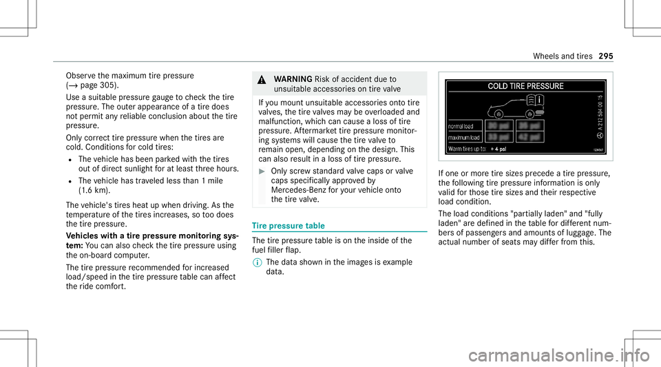 MERCEDES-BENZ GT COUPE 2021 AMG Owners Manual Obser
vethemaximum tirepr essur e
(/ page305).
Use asuit able pressur ega ug eto checkth etir e
pr essur e.The outerappear anceofatir edoes
no tper mit anyre liable conclusion aboutthetir e
pr essur e MERCEDES-BENZ GT COUPE 2021 AMG Owners Manual Obser
vethemaximum tirepr essur e
(/ page305).
Use asuit able pressur ega ug eto checkth etir e
pr essur e.The outerappear anceofatir edoes
no tper mit anyre liable conclusion aboutthetir e
pr essur e