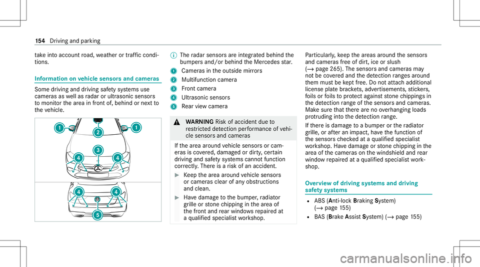 MERCEDES-BENZ CLA COUPE 2021 Owners Manual ta
ke intoacc ount road, weather ortraf fic condi ‐
tions . In
fo rm ation onvehicl esen sorsand camer as Some
driving anddriving safetysy stems use
camer asaswellas radar orultr asonic sensors
to m MERCEDES-BENZ CLA COUPE 2021 Owners Manual ta
ke intoacc ount road, weather ortraf fic condi ‐
tions . In
fo rm ation onvehicl esen sorsand camer as Some
driving anddriving safetysy stems use
camer asaswellas radar orultr asonic sensors
to m