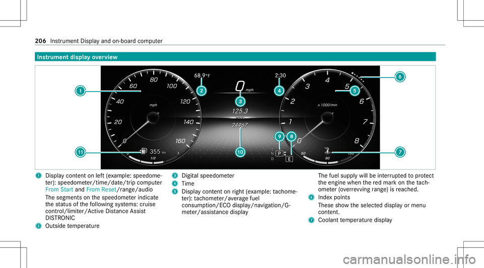 MERCEDES-BENZ CLA COUPE 2021  Owners Manual Ins
trum ent displa yove rview 1
Displa ycon tent on left (exa mp le:speedom e‐
te r): spee dome ter/time/dat e/tripcom puter
From StartandFrom Reset/rang e/au dio
The segments onthespeedome terindi