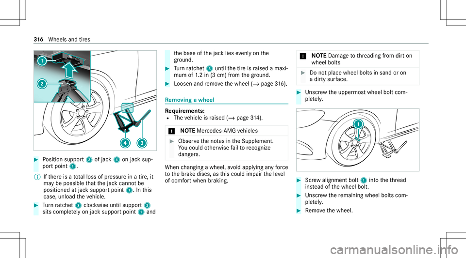 MERCEDES-BENZ CLA COUPE 2021 Owners Manual #
Position suppor t2 ofjac k4 onjacksup‐
por tpoint 1.
% Ifth er eis atot alloss ofpressur ein atir e, it
ma ybe poss iblethat thejac kcann otbe
position edatjac ksuppor tpoint 1.Inthis
case, unload MERCEDES-BENZ CLA COUPE 2021 Owners Manual #
Position suppor t2 ofjac k4 onjacksup‐
por tpoint 1.
% Ifth er eis atot alloss ofpressur ein atir e, it
ma ybe poss iblethat thejac kcann otbe
position edatjac ksuppor tpoint 1.Inthis
case, unload