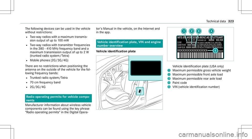 MERCEDES-BENZ CLA COUPE 2021 Owners Manual The
follo wing device scan beused intheve hicle
wit hout restrictions :
R Two-w ayradios withamaximum transmis ‐
sion output ofup to100mW
R Two-w ayradios withtra nsmit terfr eq uencie s
in the380 - MERCEDES-BENZ CLA COUPE 2021 Owners Manual The
follo wing device scan beused intheve hicle
wit hout restrictions :
R Two-w ayradios withamaximum transmis ‐
sion output ofup to100mW
R Two-w ayradios withtra nsmit terfr eq uencie s
in the380 -