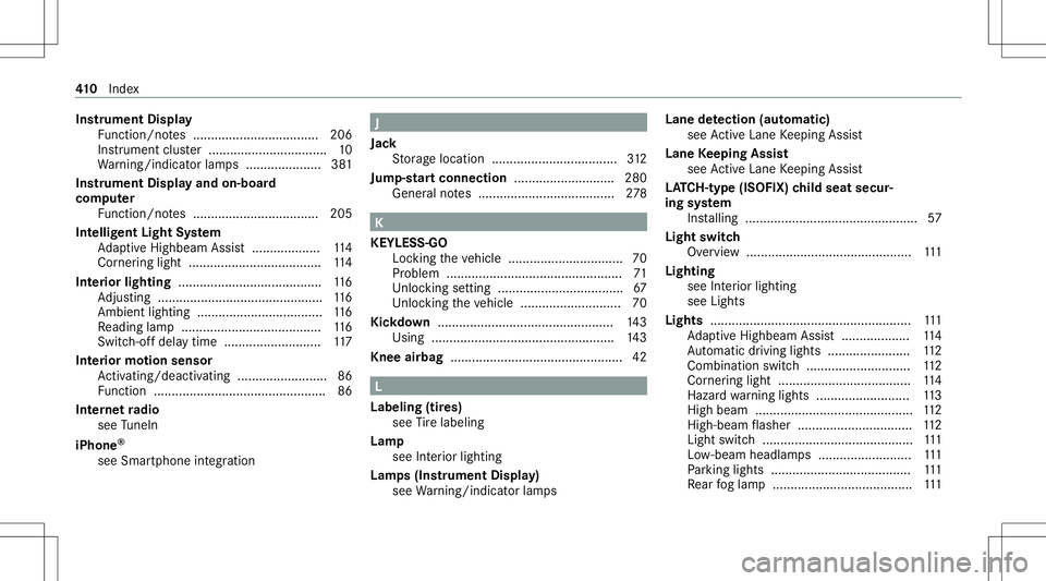 MERCEDES-BENZ CLA COUPE 2021  Owners Manual Ins
trum ent Disp lay
Fu nctio n/no tes ................................... 206
Ins trument cluster ...... ........................... 10
Wa rning/ indic ator lam ps................ .....3 81
Ins trum