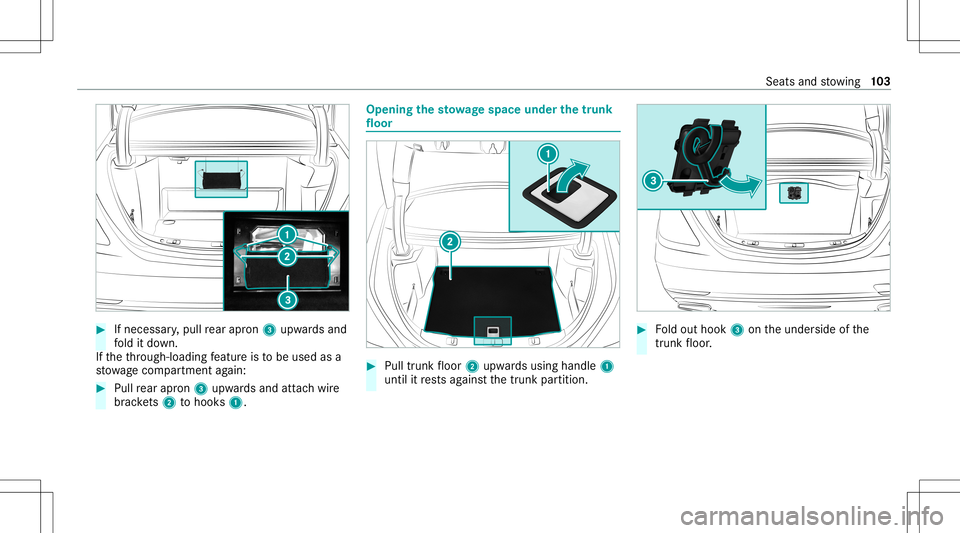 MERCEDES-BENZ S-CLASS COUPE 2021 Owners Manual #
Ifnecessar y,pull rear apr on3 upw ards and
fo ld itdo wn.
If th eth ro ugh- loadin gfe atur eis to be used asa
st ow agecom partment again: #
Pull rear apr on3 upw ards and attachwir e
br ac kets 2 MERCEDES-BENZ S-CLASS COUPE 2021 Owners Manual #
Ifnecessar y,pull rear apr on3 upw ards and
fo ld itdo wn.
If th eth ro ugh- loadin gfe atur eis to be used asa
st ow agecom partment again: #
Pull rear apr on3 upw ards and attachwir e
br ac kets 2