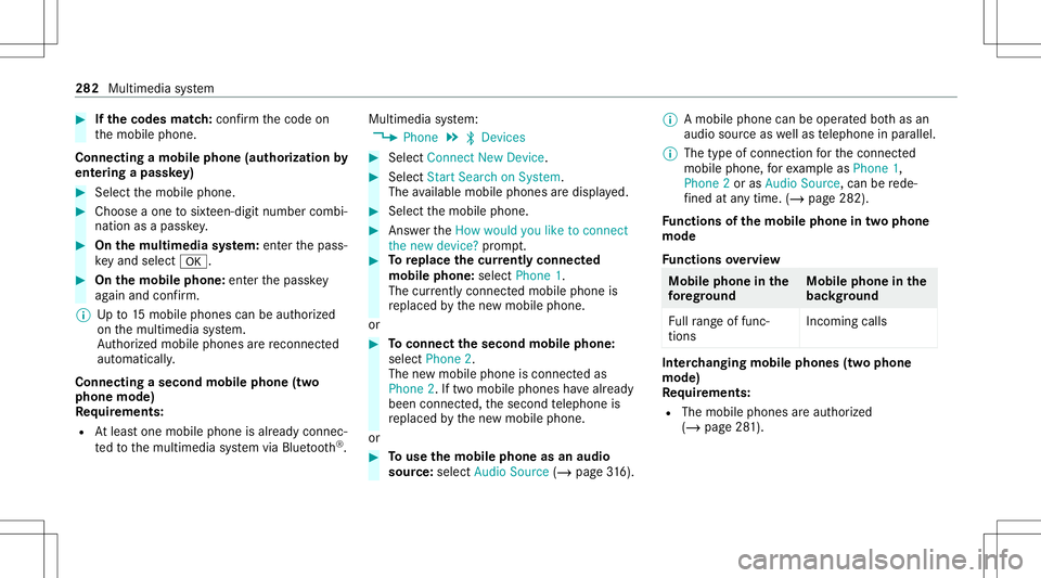 MERCEDES-BENZ S-CLASS COUPE 2021 Owners Manual #
Ifth ecodes match: con firm thecode on
th emobile phone.
Connecting amobile phone(authorizat ion by
ent ering apa ssk ey) #
Select themobile phone. #
Choose aone tosixt een-digit numbercombi‐
nati MERCEDES-BENZ S-CLASS COUPE 2021 Owners Manual #
Ifth ecodes match: con firm thecode on
th emobile phone.
Connecting amobile phone(authorizat ion by
ent ering apa ssk ey) #
Select themobile phone. #
Choose aone tosixt een-digit numbercombi‐
nati