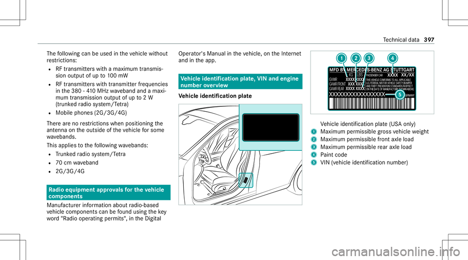 MERCEDES-BENZ S-CLASS COUPE 2021 Owners Manual The
follo wing canbeused intheve hicle without
re strictions :
R RFtransm itterswi th amax imum trans mis‐
sion output ofup to100mW
R RFtransmi tter swit htransmi tter freq uenci es
in the380 -41 0M MERCEDES-BENZ S-CLASS COUPE 2021 Owners Manual The
follo wing canbeused intheve hicle without
re strictions :
R RFtransm itterswi th amax imum trans mis‐
sion output ofup to100mW
R RFtransmi tter swit htransmi tter freq uenci es
in the380 -41 0M