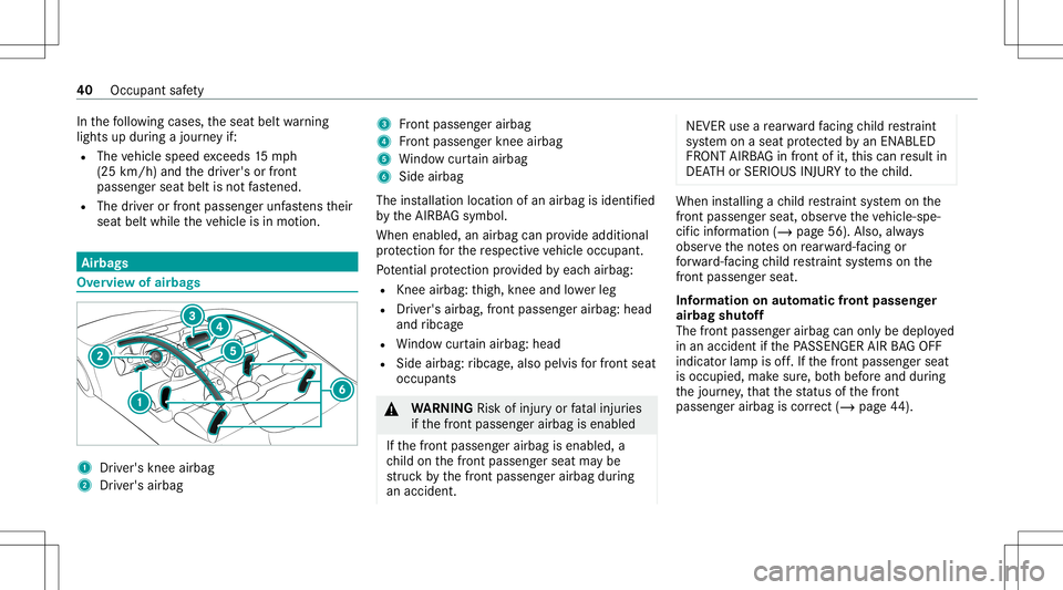 MERCEDES-BENZ S-CLASS COUPE 2021 Service Manual In
thefo llo wing cases ,th eseat beltwarning
light sup dur ing ajour neyif:
R The vehicle speed exceeds 15mp h
(25 km/ h)and thedr iver's orfront
passeng erseat beltisno tfa stened.
R The driver MERCEDES-BENZ S-CLASS COUPE 2021 Service Manual In
thefo llo wing cases ,th eseat beltwarning
light sup dur ing ajour neyif:
R The vehicle speed exceeds 15mp h
(25 km/ h)and thedr iver's orfront
passeng erseat beltisno tfa stened.
R The driver