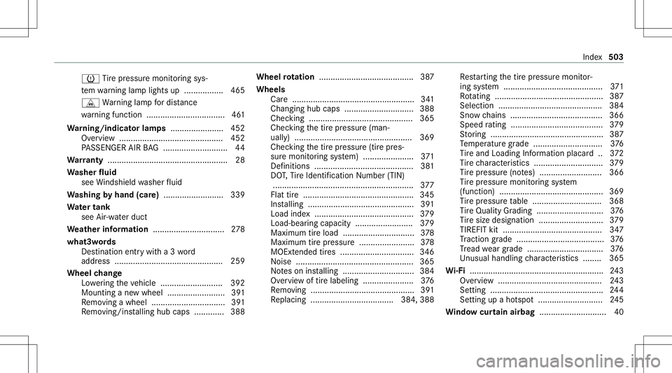 MERCEDES-BENZ S-CLASS COUPE 2021 Owners Manual 0077
Tire pressur emonit oring sys‐
te m wa rning lam plight sup .................4 65
L Warning lam pfo rdis tance
wa rning func tion .................................. 461
Wa rning/indicat orlam p MERCEDES-BENZ S-CLASS COUPE 2021 Owners Manual 0077
Tire pressur emonit oring sys‐
te m wa rning lam plight sup .................4 65
L Warning lam pfo rdis tance
wa rning func tion .................................. 461
Wa rning/indicat orlam p