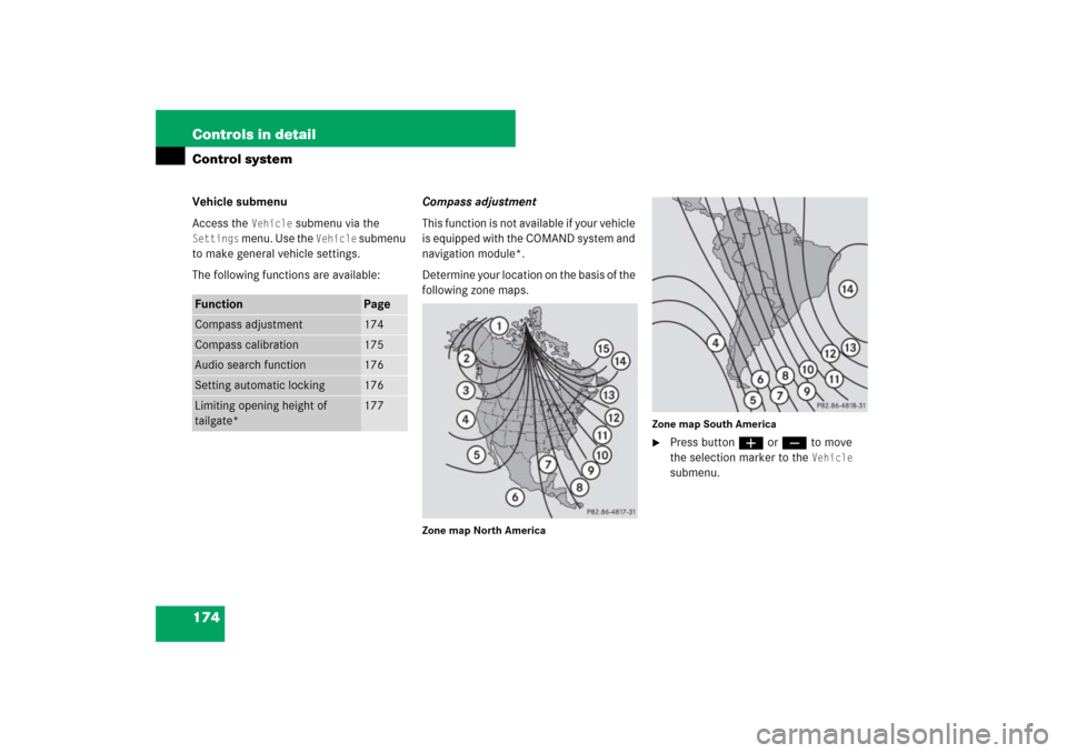 MERCEDES-BENZ ML500 2007 W163 Comand Manual 174 Controls in detailControl systemVehicle submenu
Access the 
Vehicle
 submenu via the 
Settings
 menu. Use the 
Vehicle
 submenu 
to make general vehicle settings.
The following functions are avail