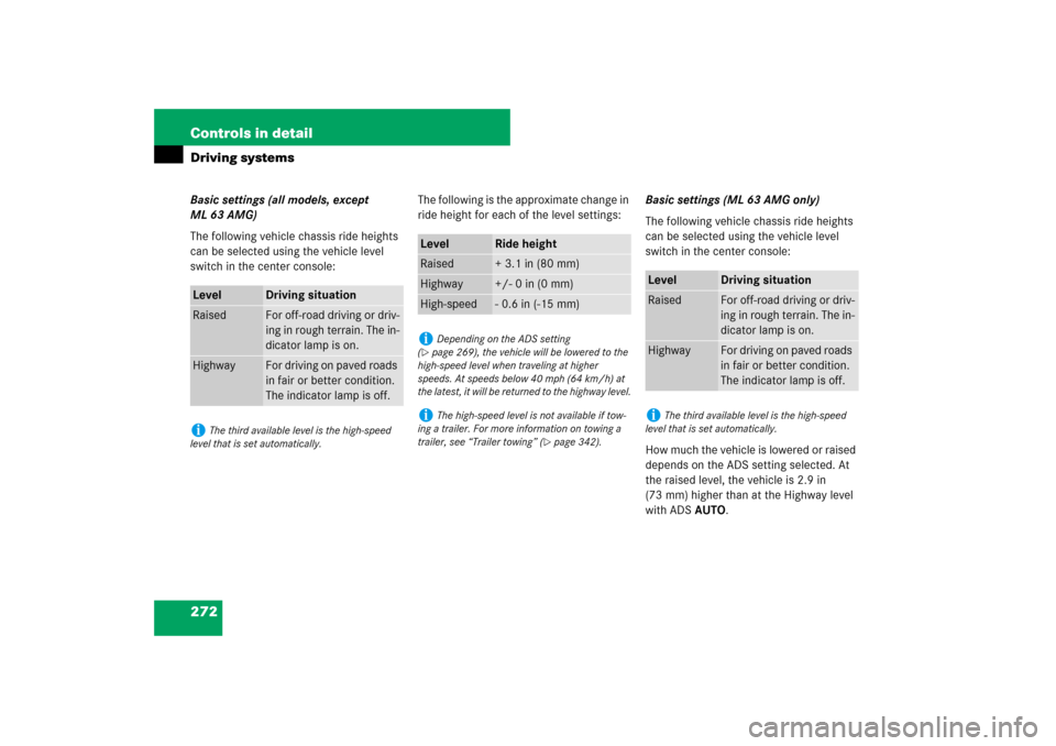 MERCEDES-BENZ ML500 2007 W163 Comand Manual 272 Controls in detailDriving systemsBasic settings (all models, except 
ML 63 AMG)
The following vehicle chassis ride heights 
can be selected using the vehicle level 
switch in the center console:Th