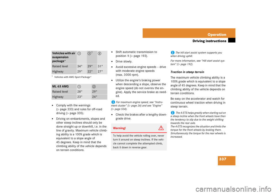 MERCEDES-BENZ ML350 2007 W163 Comand Manual 337 Operation
Driving instructions

Comply with the warnings 
(page 333) and rules for off-road 
driving (
page 335).

Driving on embankments, slopes and 
other steep inclines should only be 
done