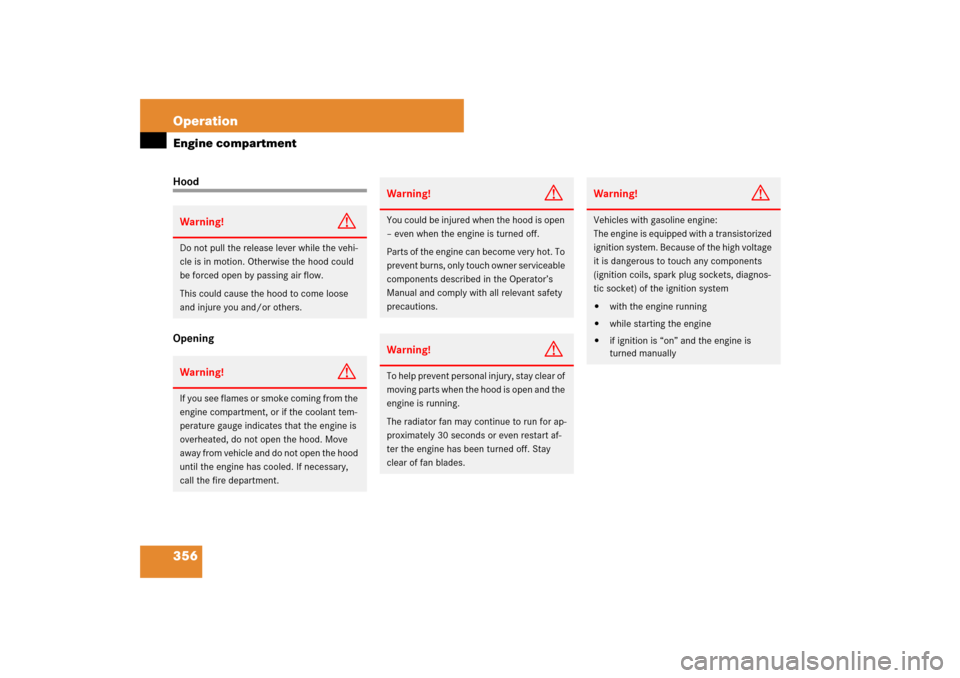 MERCEDES-BENZ ML500 2007 W163 Comand Manual 356 OperationEngine compartmentHood
OpeningWarning!
G
Do not pull the release lever while the vehi-
cle is in motion. Otherwise the hood could 
be forced open by passing air flow.
This could cause the
