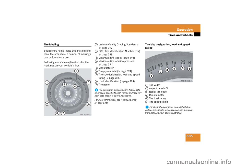 MERCEDES-BENZ ML320CDI 2007 W163 Comand Manual 385 Operation
Tires and wheels
Tire labeling
Besides tire name (sales designation) and 
manufacturer name, a number of markings 
can be found on a tire.
Following are some explanations for the 
markin