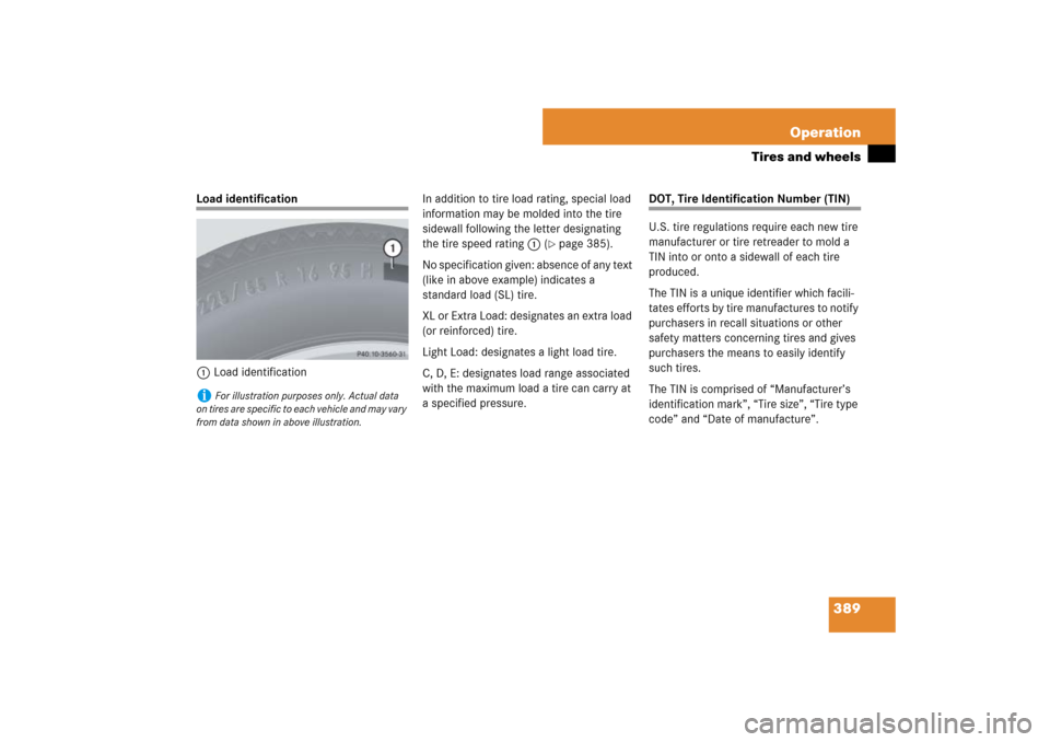 MERCEDES-BENZ ML350 2007 W163 Comand Manual 389 Operation
Tires and wheels
Load identification
1Load identificationIn addition to tire load rating, special load 
information may be molded into the tire 
sidewall following the letter designating