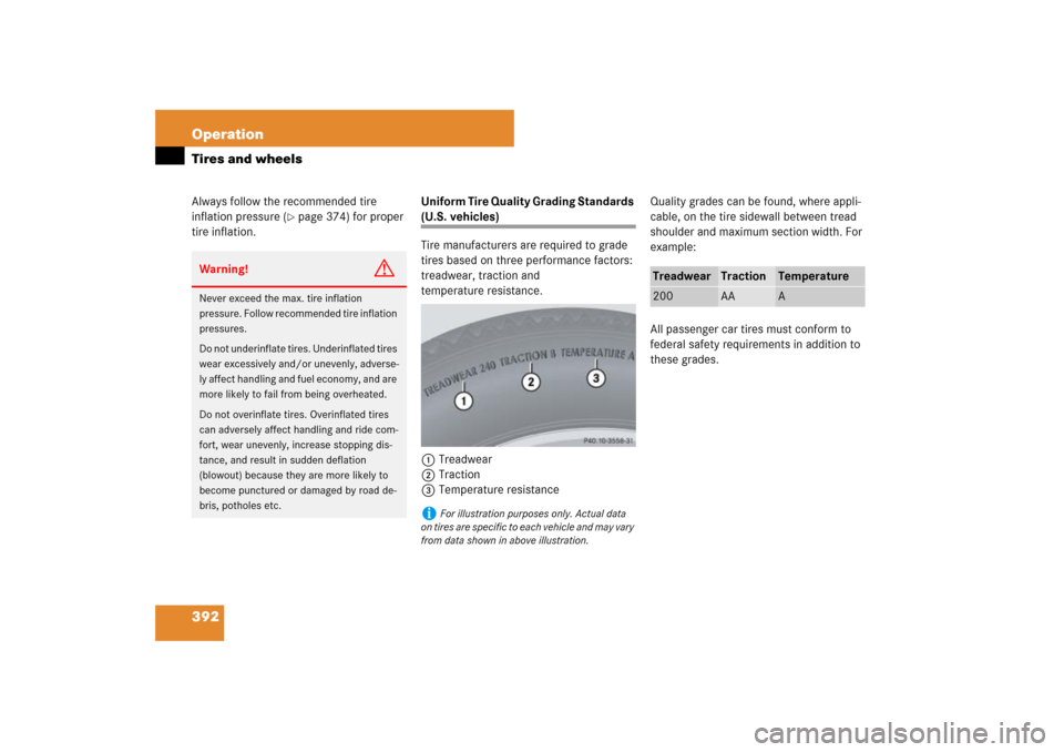 MERCEDES-BENZ ML350 2007 W163 Comand Manual 392 OperationTires and wheelsAlways follow the recommended tire 
inflation pressure (
page 374) for proper 
tire inflation.Uniform Tire Quality Grading Standards 
(U.S. vehicles)
Tire manufacturers a