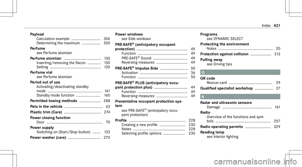 MERCEDES-BENZ CLS-Class 2021 Manual PDF Pa
yload
Calculat ionexam ple ............................ 306
De term inin gth emaximum .................. 305
Pe rfume
see Perfume atomiz er
Pe rfume atomizer .................................... 13 MERCEDES-BENZ CLS-Class 2021 Manual PDF Pa
yload
Calculat ionexam ple ............................ 306
De term inin gth emaximum .................. 305
Pe rfume
see Perfume atomiz er
Pe rfume atomizer .................................... 13