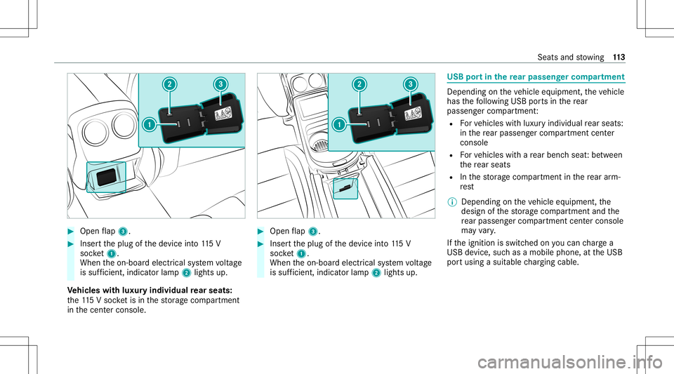 MERCEDES-BENZ GT 4-DOOR COUPE 2021  AMG Owners Manual #
Open flap 3. #
Inser tth eplug ofthede vice into11 5V
soc ket1.
Wh entheon- boar delectr icalsystem voltag e
is suf ficie nt, indi catorlamp 2light sup.
Ve hicl eswith luxur yindiv idual rear seats: