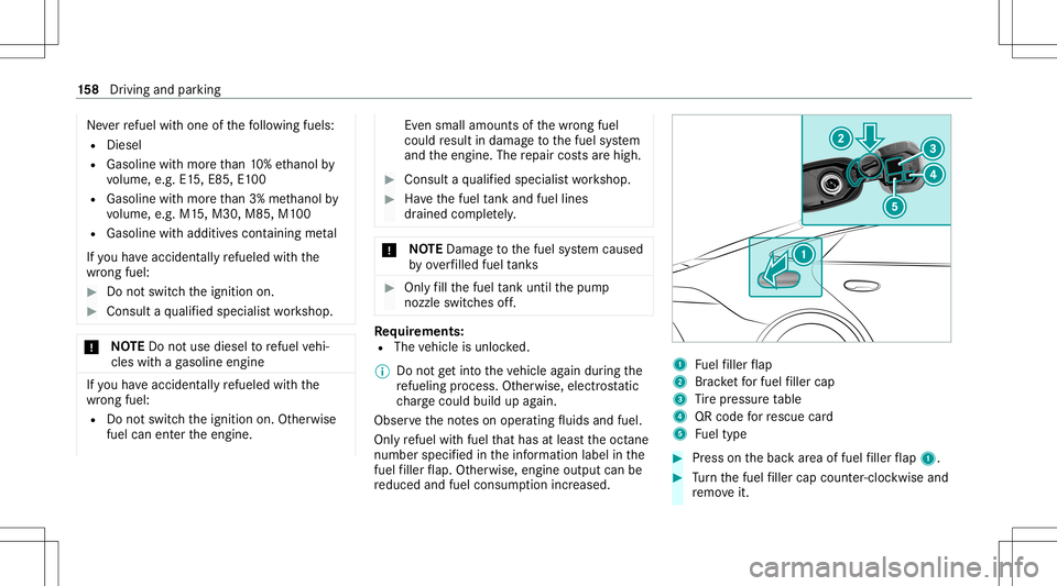 MERCEDES-BENZ GT 4-DOOR COUPE 2021  AMG Owners Manual Ne
verre fuel withone ofthefo llo wing fuels:
R Dies el
R Gasoline withmor eth an 10%ethanol by
vo lume, e.g.E15, E8 5,E100
R Gasoline withmor eth an 3% methano lby
vo lume, e.g.M15,M30 ,M85 ,M1 00
R 