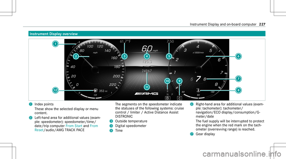 MERCEDES-BENZ GT 4-DOOR COUPE 2021 AMG Owners Manual Ins
trum ent Disp layove rview 1
Inde xpoint s
These showtheselect eddispla yor menu
con tent.
2 Left-ha ndarea foradd itional values (exa m‐
ple: speed ometer): spee dome ter/time/
dat e/tr ipcom p MERCEDES-BENZ GT 4-DOOR COUPE 2021 AMG Owners Manual Ins
trum ent Disp layove rview 1
Inde xpoint s
These showtheselect eddispla yor menu
con tent.
2 Left-ha ndarea foradd itional values (exa m‐
ple: speed ometer): spee dome ter/time/
dat e/tr ipcom p