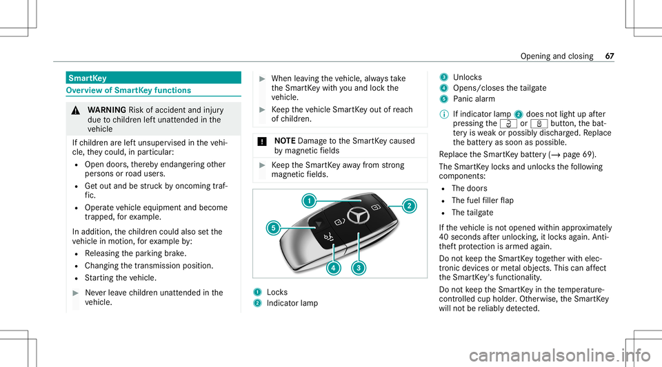 MERCEDES-BENZ GT 4-DOOR COUPE 2021  AMG Owners Manual Smar
tKey Ov
ervie wof Smar tKey functio ns &
WARNIN GRisk ofacci dent andinjury
due tochildr enleftunat tende din the
ve hicle
If ch ildr enarelef tunsuper visedintheve hi‐
cle, they cou ld,in pa r