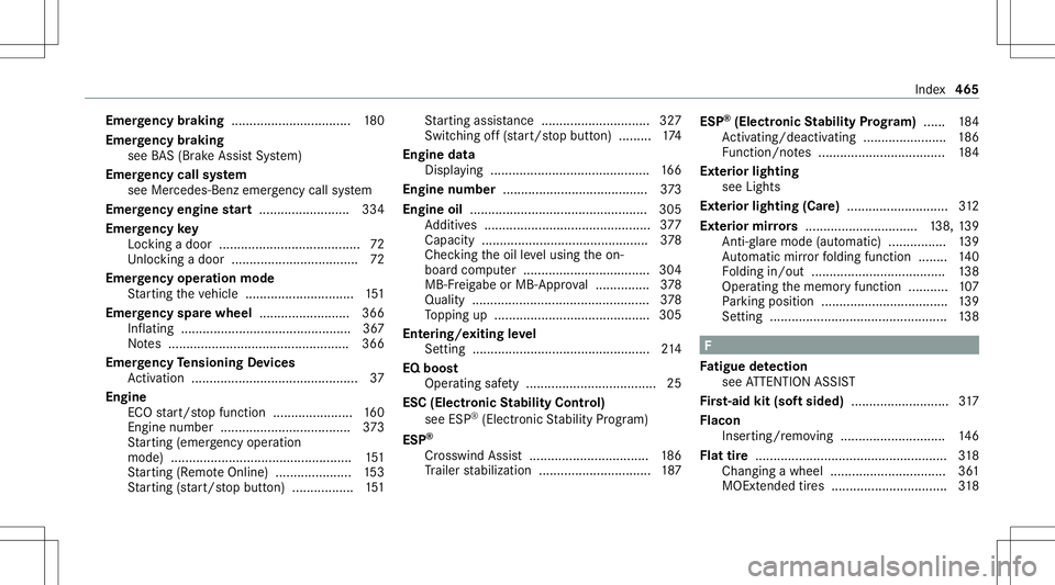 MERCEDES-BENZ GLE SUV 2021  Owners Manual Emer
gency braking ................................. 180
Emer gency braking
see BAS(Br akeAssi stSystem)
Emer gency callsystem
see Mercede s-Benz emer gency callsy stem
Emer gency engine star t.......