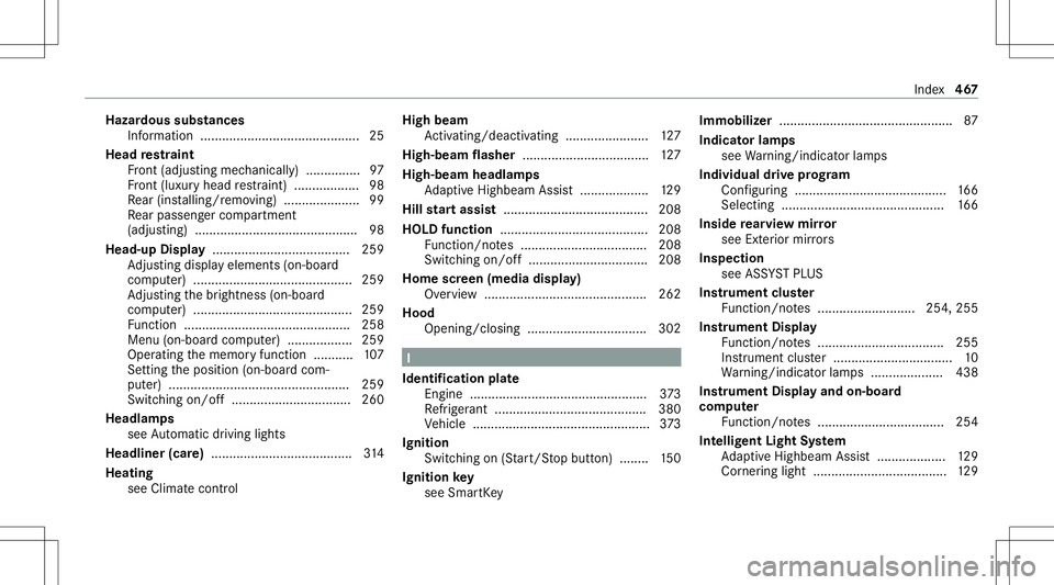 MERCEDES-BENZ GLE SUV 2021  Owners Manual Hazar
doussubstances
Inf ormation ............ ........................ ........25
Head restra int
Fr ont (adjus tingmechanicall y)............... 97
Fr ont (luxur yhead restra int )..................